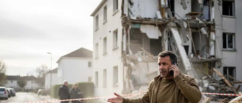 Propriétaire français devant son immeuble endommagé après une explosion, au téléphone avec son assureur