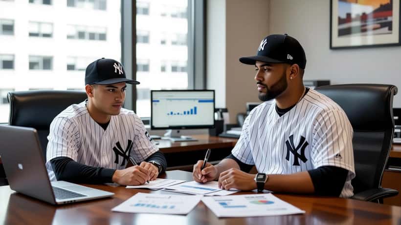 Yovanny Cruz Yankees pitcher meeting financial advisor with baseball glove and contract documents