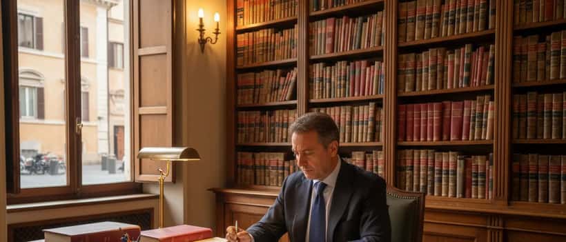 Avvocato italiano che esamina documenti legali in uno studio di Roma