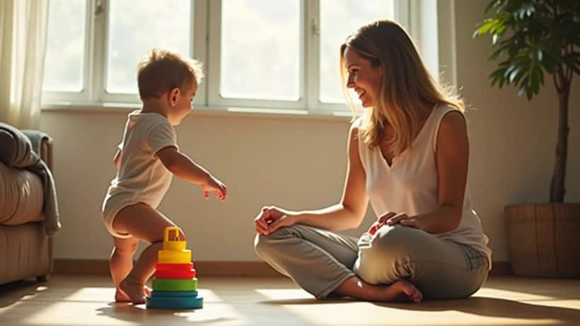 Mãe brasileira acompanhando o desenvolvimento motor do bebê em apartamento moderno de São Paulo