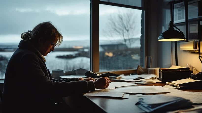 Íslenskur lögmaður í lögmannsstofu með sakamálsskjöl og dómsskjöl á borðinu