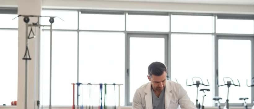 Female athlete doing knee rehabilitation exercises with a sports medicine specialist in a gym