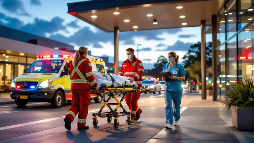 Paramedics wheel a patient into a hospital emergency entrance at dusk