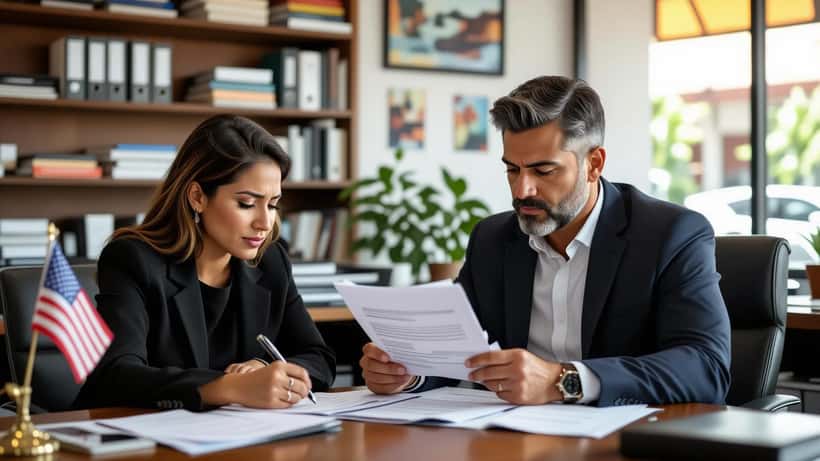 Abogado de inmigración revisando el formulario I-485 de green card con una clienta latina en su oficina