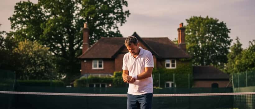 Amateur tennis player holding his wrist on an outdoor tennis court