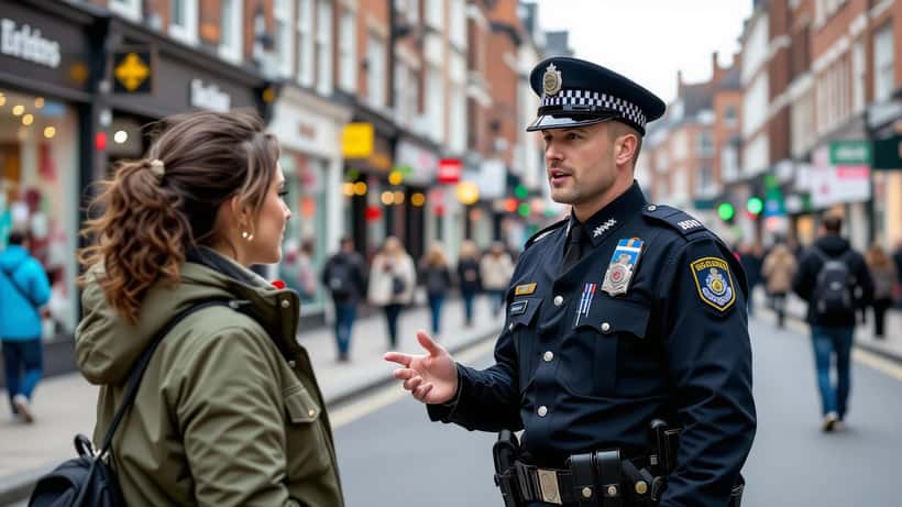 South Wales Police officer speaking to a member of the public on a Cardiff street