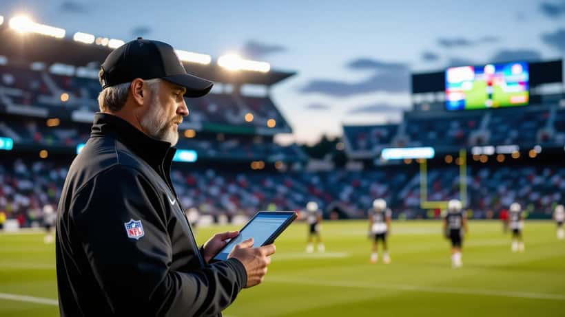 Entraîneur de football analysant des tactiques sur tablette dans un stade moderne en 2026