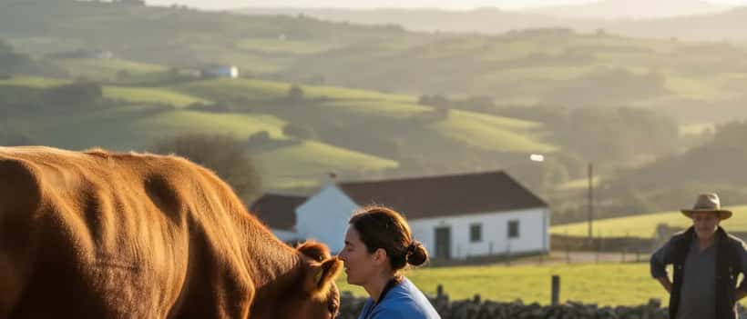 Médico veterinário examinando uma vaca numa quinta rural em Portugal