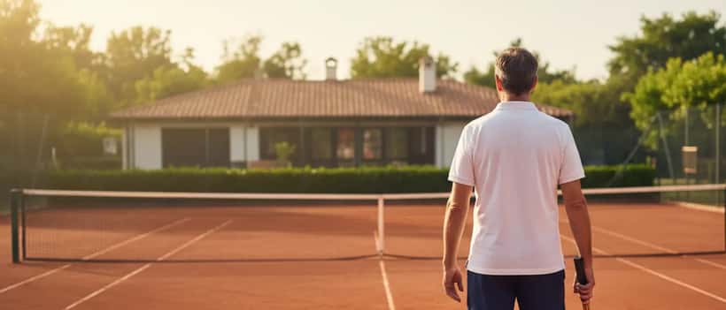 Tennista maturo su campo in terra rossa al tramonto in Italia