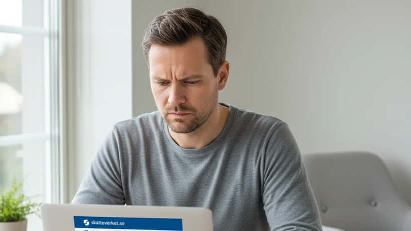 Svensk man deklarerar hemma med laptop och skattedokument i Göteborg