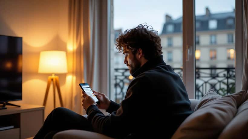 Homme regardant son téléphone affichant des résultats sportifs en direct, ticket de pari sur la table basse
