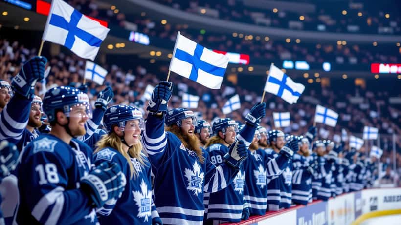 Suomalaiset jääkiekkofanit juhlimassa areenalla Sveitsissä MM-kisoissa 2026