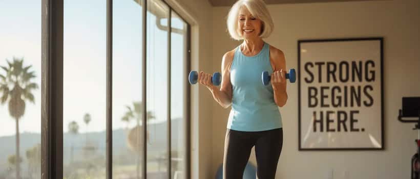 Active older American woman doing light dumbbell exercises in a sunny Los Angeles home gym, representing healthy aging at 80