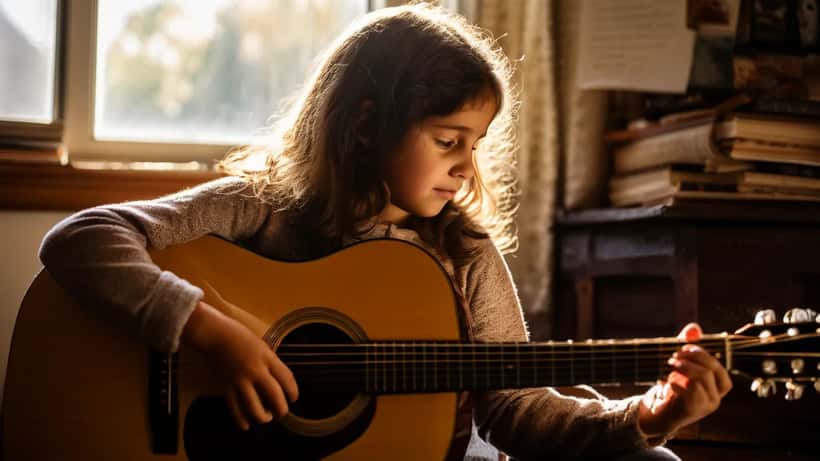 Young girl learning guitar from music teacher in home studio with sheet music and afternoon light