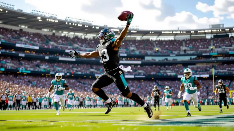 Receiver leaping for a one-handed catch in the end zone at a packed stadium in London