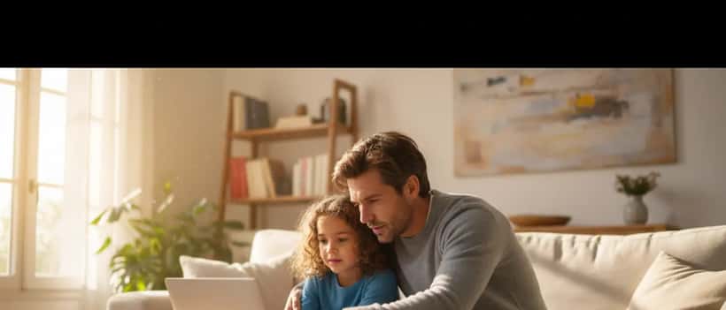 Parent et enfant assis ensemble devant un ordinateur portable, vérifiant les paramètres de sécurité