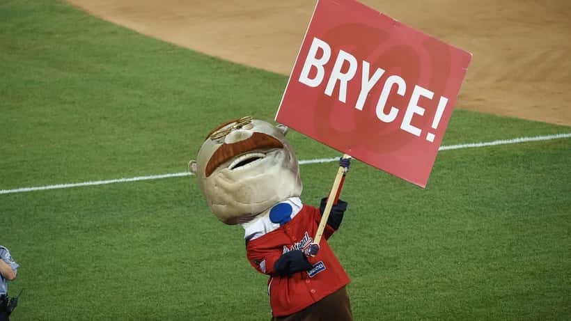 Bryce Harper participating in the MLB Home Run Derby at the 2019 All-Star Game in Cleveland