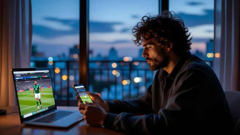 Torcedor do Vasco com smartphone mostrando site falso de streaming e cartão de crédito na mão