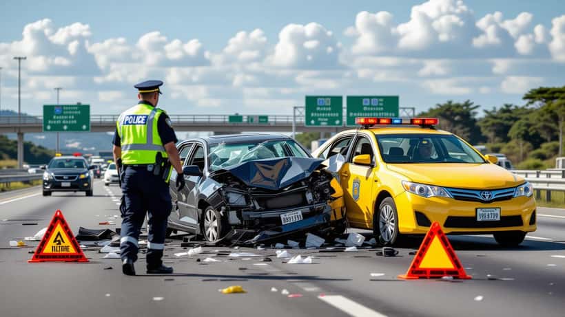Agentes da PRF inspecionando veículos envolvidos em engavetamento em rodovia federal brasileira