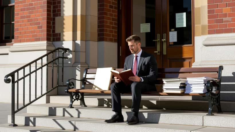 Defence lawyer reviewing case files on courthouse steps in Sydney