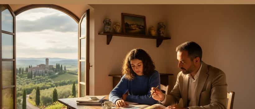 Studente italiano che studia la Divina Commedia con un insegnante privato a casa
