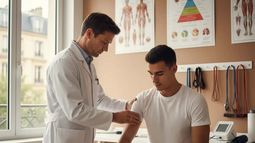 Médecin du sport examinant un sportif dans une clinique parisienne moderne