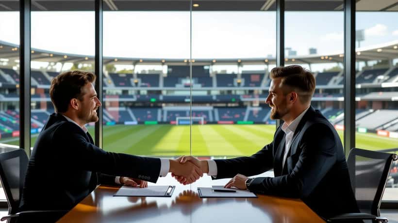 Two men shaking hands over an employment contract in a meeting room overlooking a Brisbane football stadium