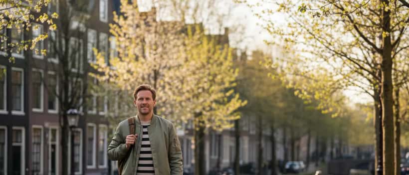 Persoon wandelt buiten in de lente met eerste blaadjes aan de bomen, moe maar genieten van de zon