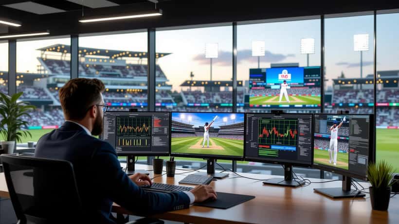 Sports analyst reviewing India vs England cricket 2026 data on multiple screens