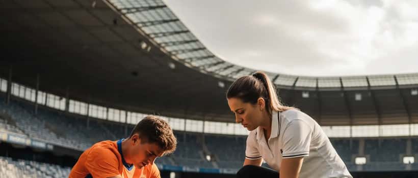 Voetballer zit aan de zijlijn terwijl sportarts zijn enkel onderzoekt