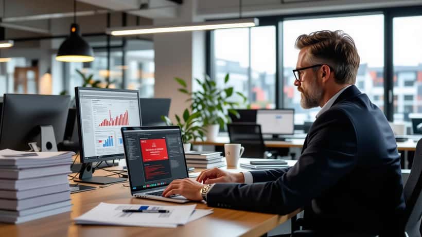 Advokat i dansk kontor gennemgår GDPR-databrudanmeldelse på laptop med røde sikkerhedsadvarsler