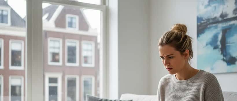 Nederlandse vrouw kijkt gefrustreerd naar laptop met streamingdienst in moderne woonkamer