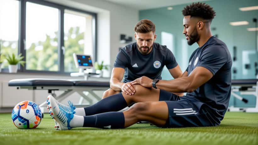 Fisioterapeuta avaliando a perna de um jogador de futebol em uma clínica de reabilitação esportiva moderna