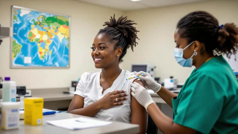Reiziger krijgt een vaccinatie in een reizigerskliniek met een kaart van West-Afrika op de achtergrond