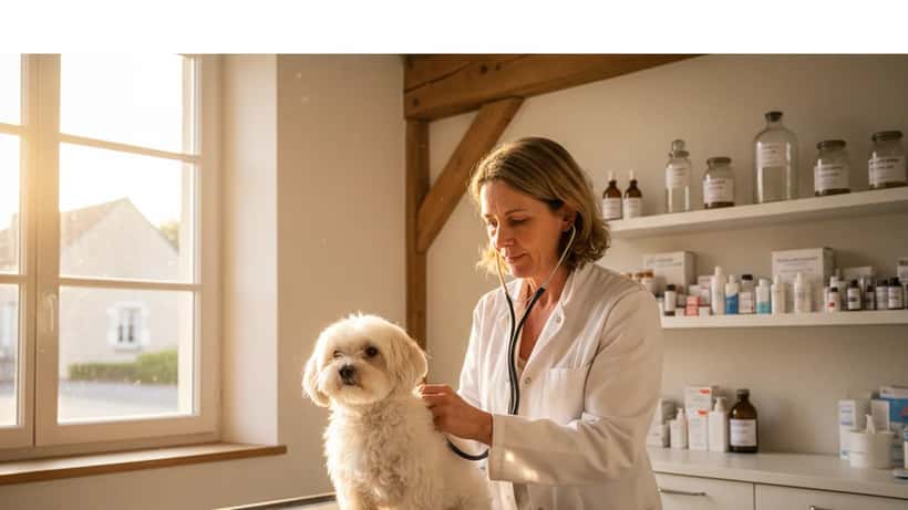 Vétérinaire examinant un chien dans une salle de consultation lumineuse près de Saint-Aignan-sur-Cher