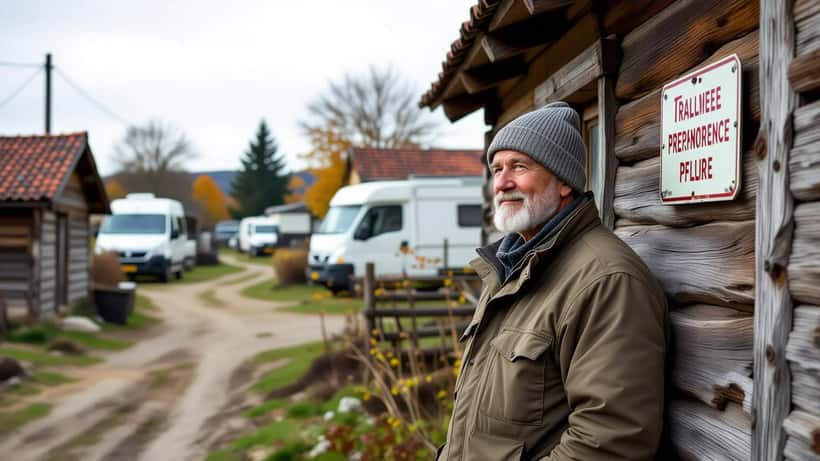 Retraité regardant des caravanes installées sans autorisation sur son terrain privé dans l'Oise