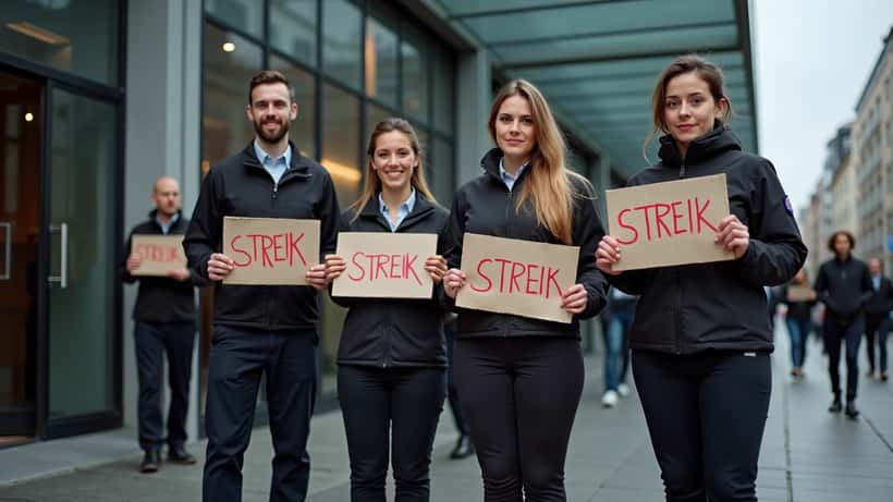 Hotellansatte med streikeplakater utenfor et Oslo-hotell i april 2026
