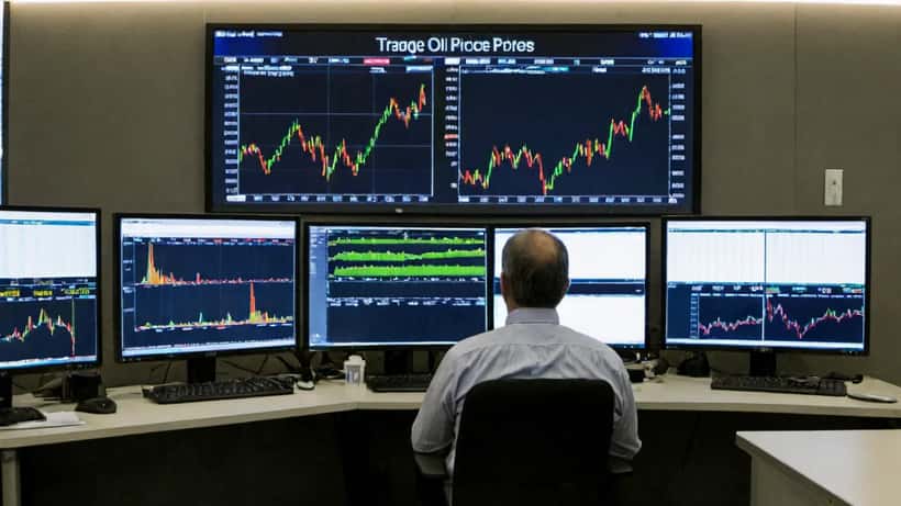 Financial analyst reviewing oil price charts on dual monitors at a Sydney trading desk