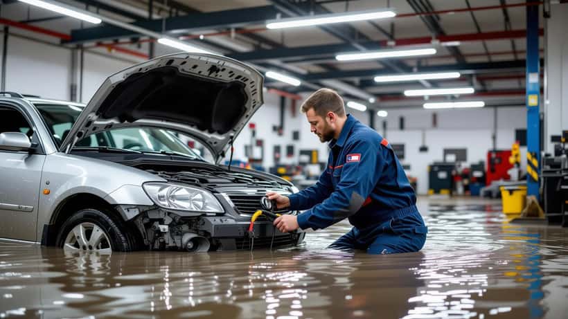 Mécanicien inspectant le moteur d'une voiture inondée après un orage en Suisse, ligne d'eau boueuse sur les portières