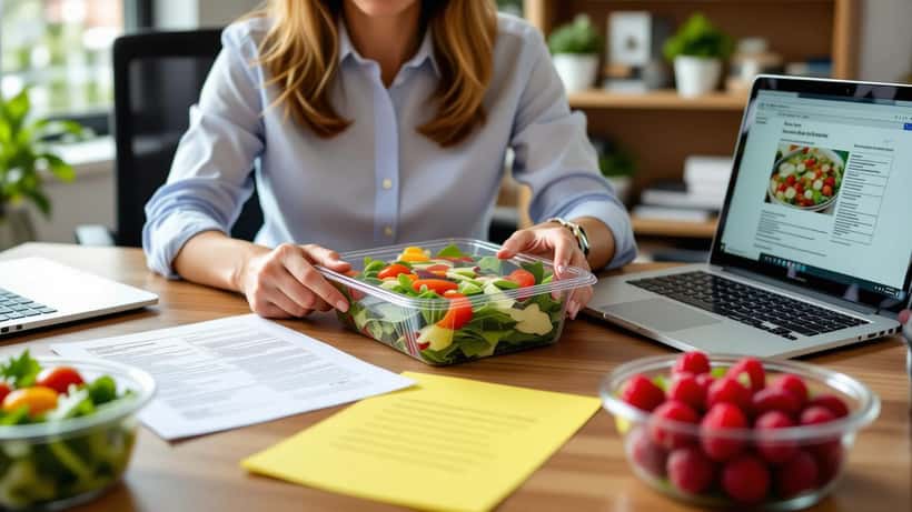 Food-safety attorney reviewing a packaged salad, grocery receipt and lab report at an office desk