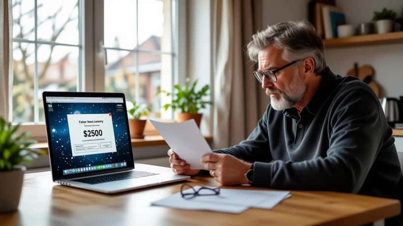 Besorgter Mann prüft eine gefälschte Lotto-Gewinnbenachrichtigung am Laptop