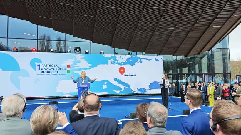 Marine Le Pen speaking at political rally, Budapest