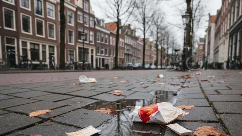 McDonald's sausverpakkingen als zwerfafval op een Nederlandse stoep, april 2026