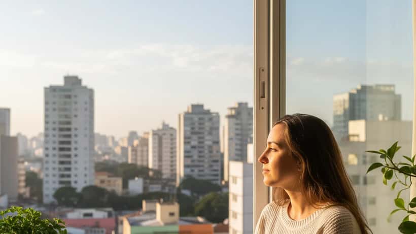Jovem brasileira refletindo sozinha em apartamento, representando a ansiedade social descrita por Luisa Sonza