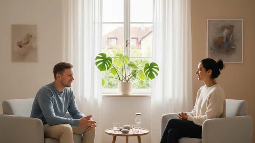 Junger Mann in offener Atmosphäre beim Gespräch mit einem Therapeuten in Österreich