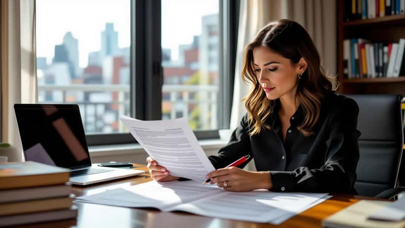 Canadian author reviewing entertainment adaptation contract with stack of fantasy novels on home office desk