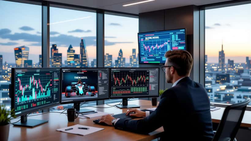 Wealth manager reviewing F1 team investment data and sponsorship charts in a London office