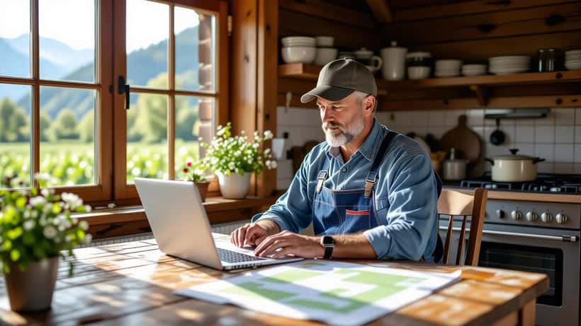 Agriculteur suisse consultant le portail Taxas sur un ordinateur portable avec des factures de carburant