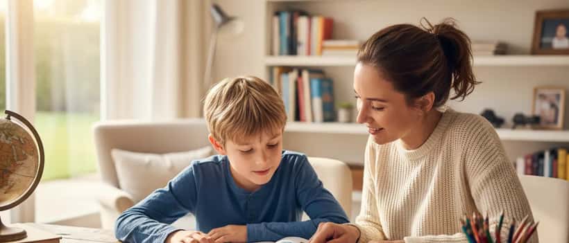 Young boy working with a supportive tutor on reading exercises in a home study setting