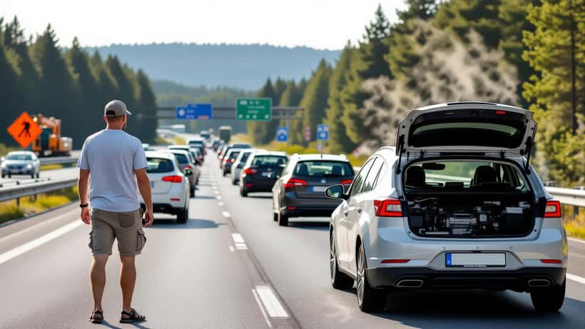 Bil med åpen panserlokk og damp på E18 i Bærum, sommertrafikk i kø bak